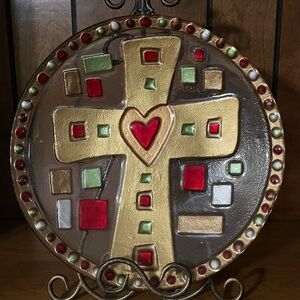 Cross glass plate(stand not included), red, gold & green colors, no chips/breaks